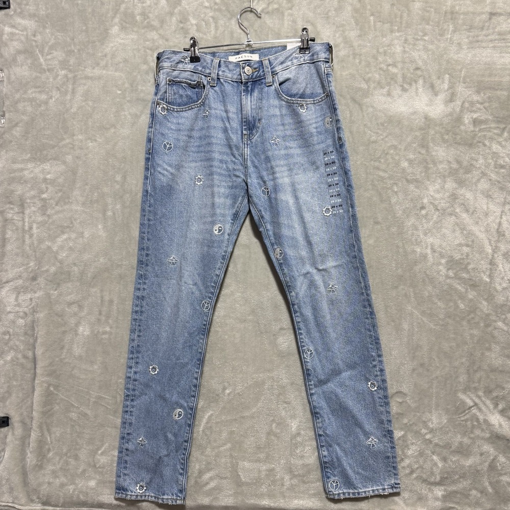 Pacsun Jeans Womens 29x30 Blue Denim Streetwear Embroidered Slim Fit Taper Leg